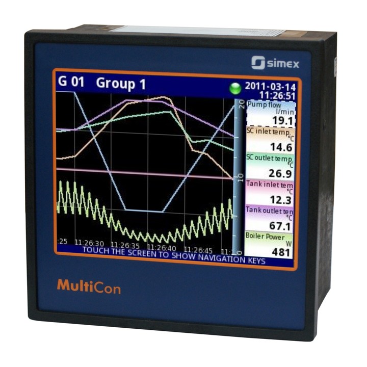 Simex Multicon CMC-141 datalogger showing line graph on dark background